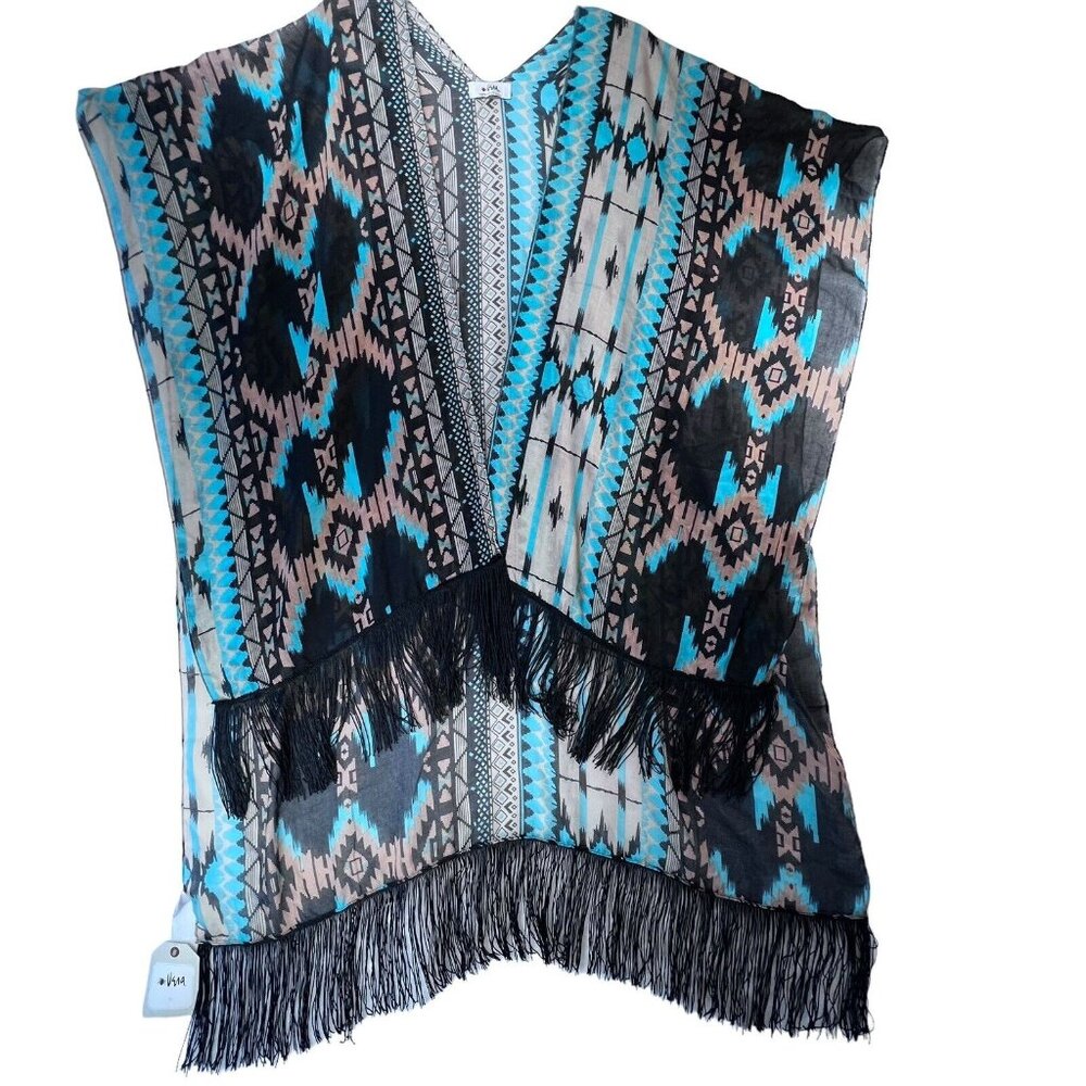 Vera Neumann NWT Fringed Tribal Shawl Wrap OS Boho Aztec Western Turquoise Tan